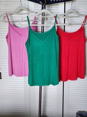 Zenana Cami Tank Top 3-Pack Pink Green Red, Size M, Rayon Spandex, Dual Neckline